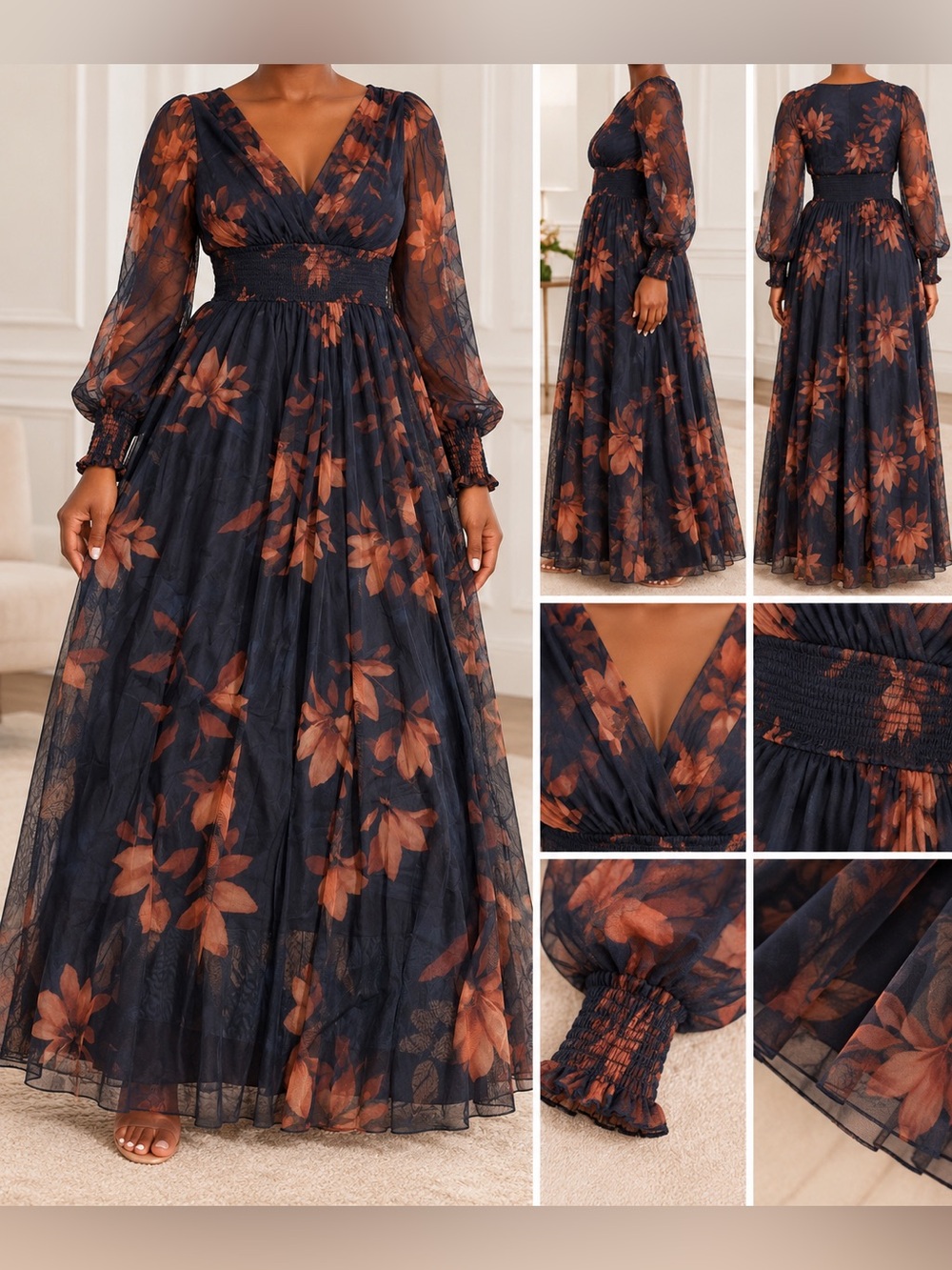 Navy Floral Maxi Dress with Rust Blooms - V-Neck Smocked Waist